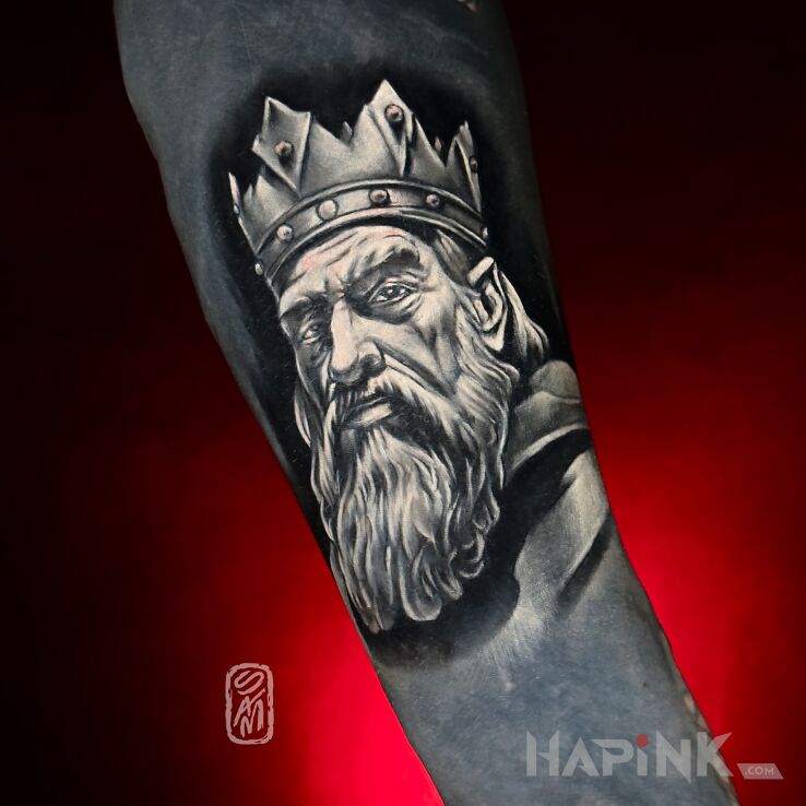 Tattoo King - white cover on black in black and gray motif and white ink style On the arm