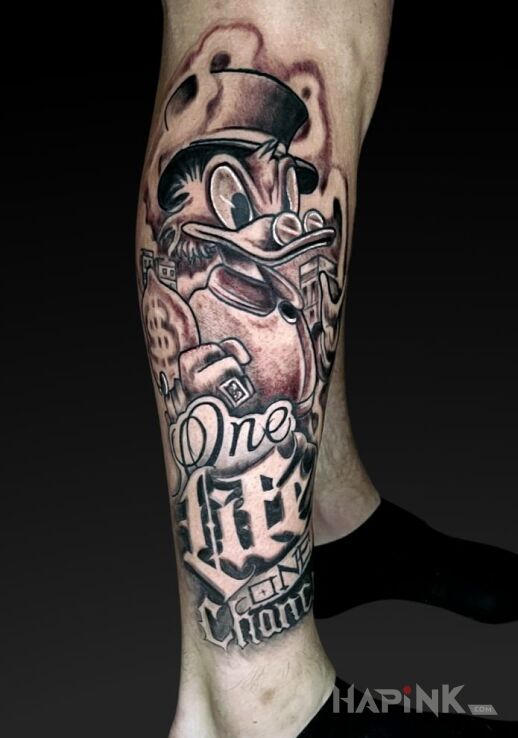 Tattoo Scrooge in characters motif and graphic / illustrative style on the tibia