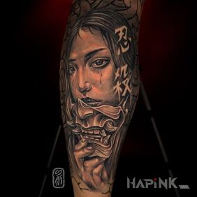 Tattoo Geisha on the leg motif: faces style: realistic