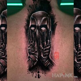 Tattoo Deadpool on the back motif: characters style: realistic