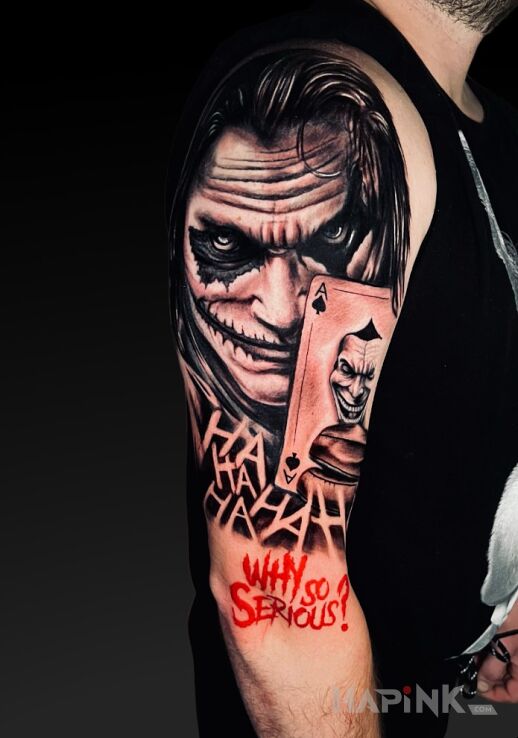 Tattoo Joker in faces motif and realistic style On the arm