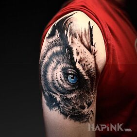 Tattoo Owl on the upper arm motif: black and gray style: realistic