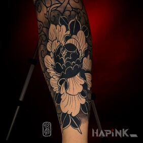 Tattoo Japanese Flower on the leg motif: flowers style: blackwork / blackout