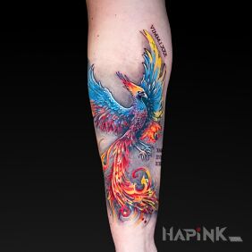 Tattoo Phoenix in color on the forearm motif: colorful style: realistic