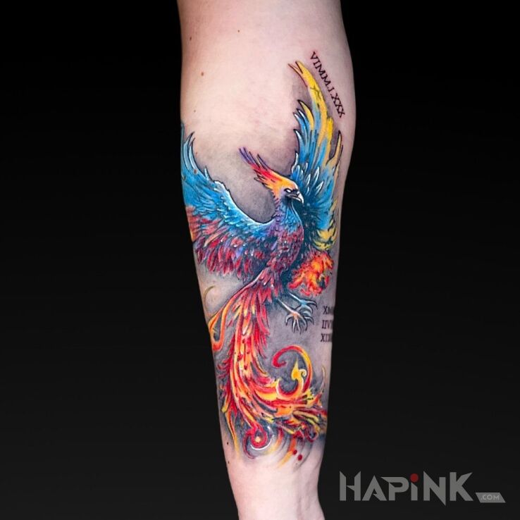 Tattoo Phoenix in color in colorful motif and realistic style on the forearm