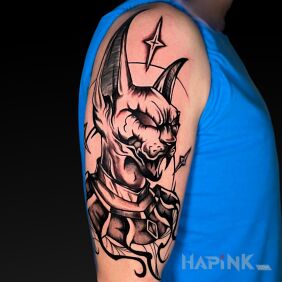 Tattoo God Cat from Dragon Ball on the forearm motif: characters style: cartoon / comic book