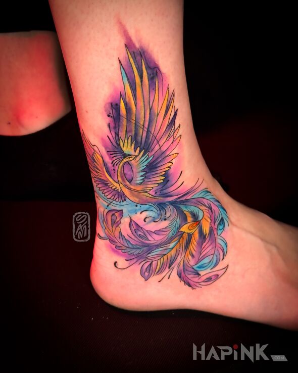 Tattoo Phoenix in animals motif and Watercolor style on the foot