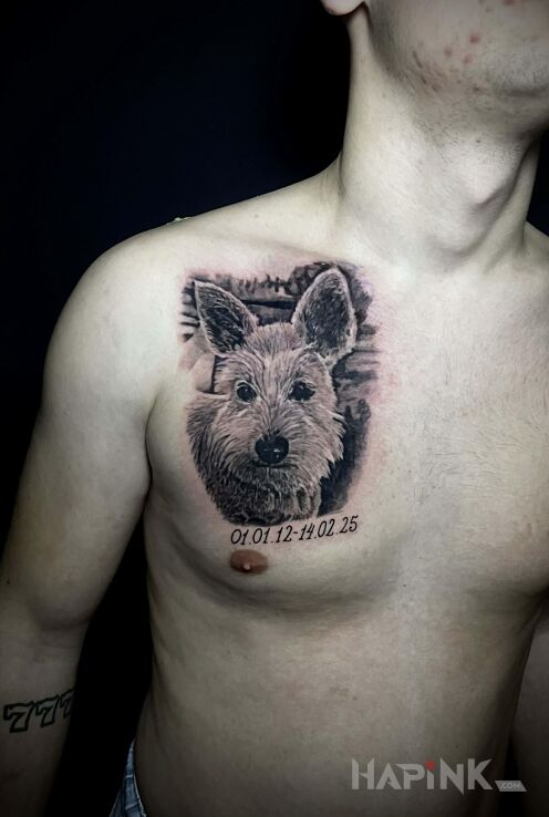 Tattoo Dog Porter with Dates in animals motif and realistic style on the chest