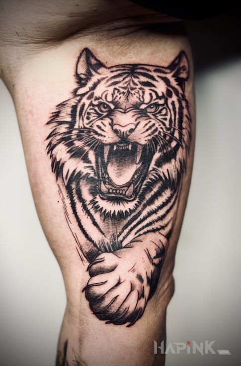 Tattoo Tiger attacking with its paw in black and gray motif and realistic style on the bicep