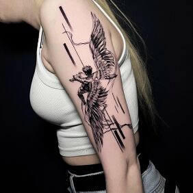Tattoo Falling Icarus with geometric elements On the arm motif: black and gray style: graphic / illustrative