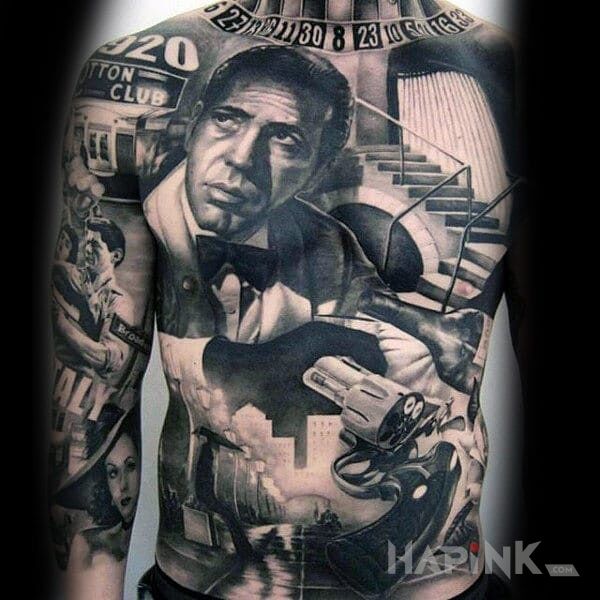 Tattoo Mafia in characters motif and realistic style on the chest