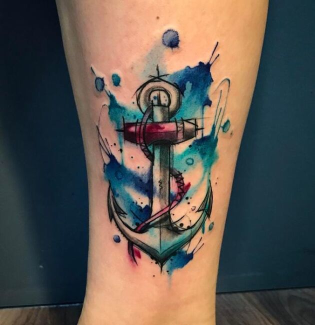 tatuaż watercolor kotwica na ręce