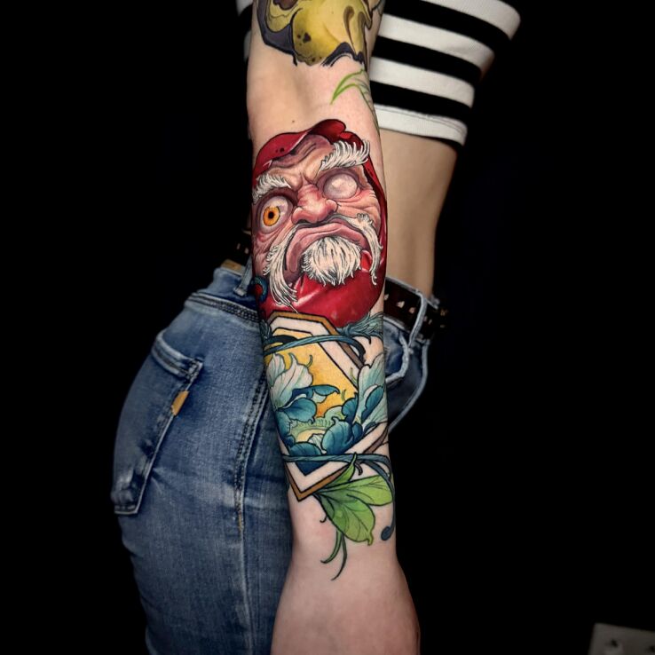 Tattoo Gnome dwarf in colorful motif and graphic / illustrative style on the forearm