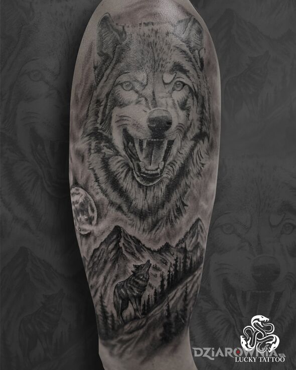 Tatuaż Wilk jako symbol niezależności i dzikiej natury 🐺 w motywie czarno-szare i stylu realistyczne na ręce