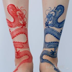 Tattoo Fire and Water Dragon on the tibia motif: dragons style: graphic / illustrative