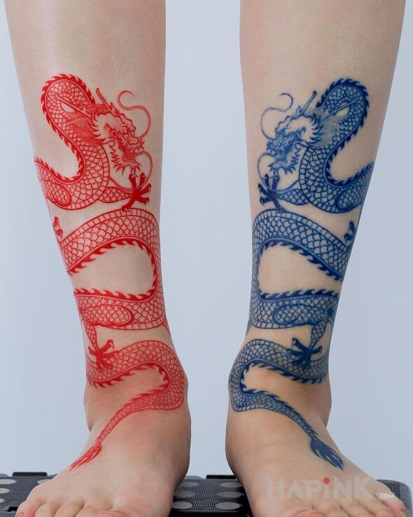 Tattoo Fire and Water Dragon in dragons motif and graphic / illustrative style on the leg