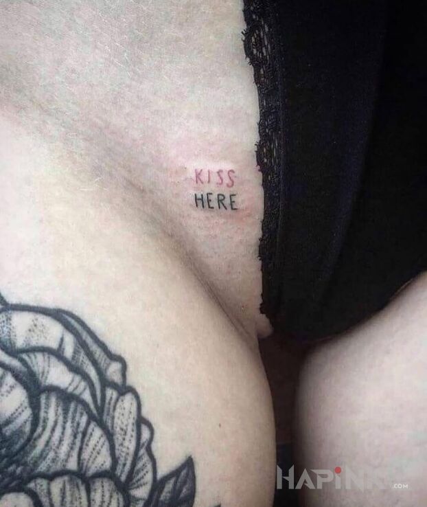 Tattoo Kiss Me in lettering motif and minimalistic style intimate