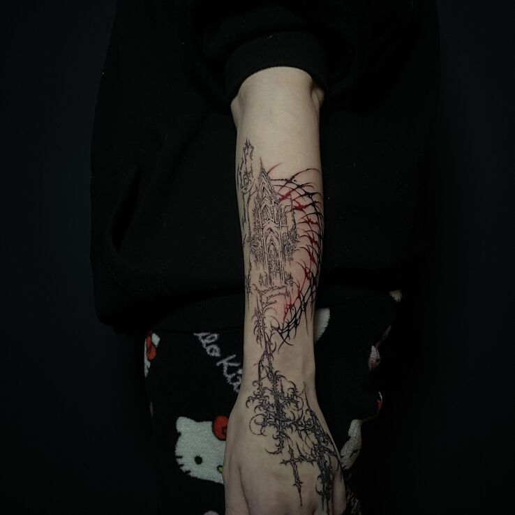 Tattoo Cybersigilism Cathedral in black and gray motif and contour / linework style on the forearm