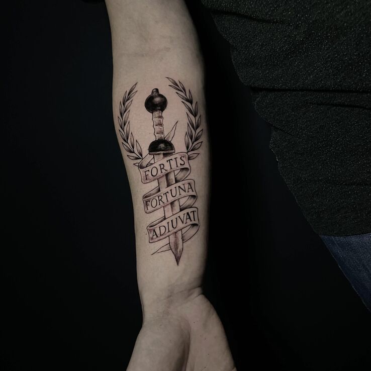 Tattoo Dagger fortis fortuna adiuvat in objects motif and graphic / illustrative style On the arm