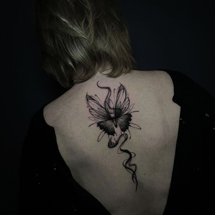 Tattoo Butterfly with Smoke in butterflies motif and graphic / illustrative style on the back
