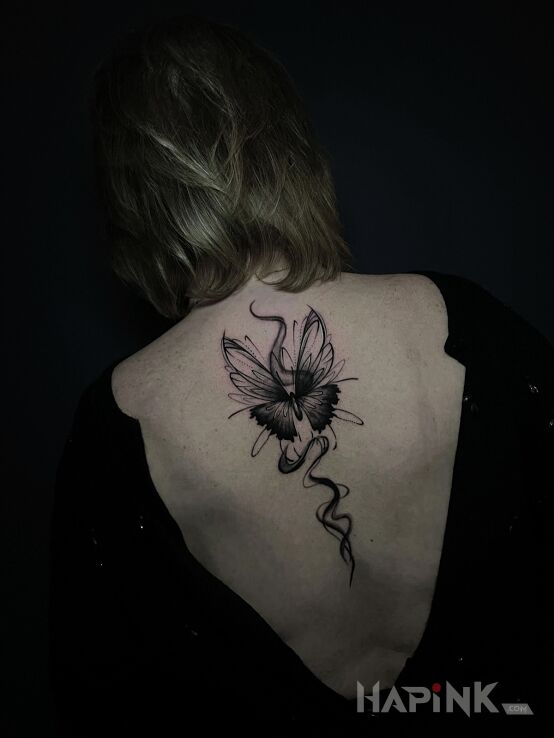 Tattoo Butterfly with Smoke in butterflies motif and graphic / illustrative style on the back