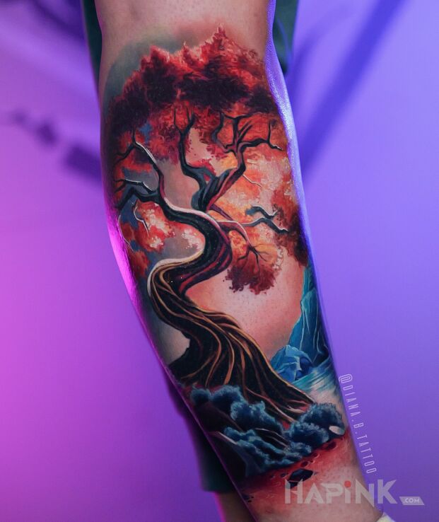 Tattoo Cherry Blossom Tree in fantasy motif and japanese / irezumi style on the tibia