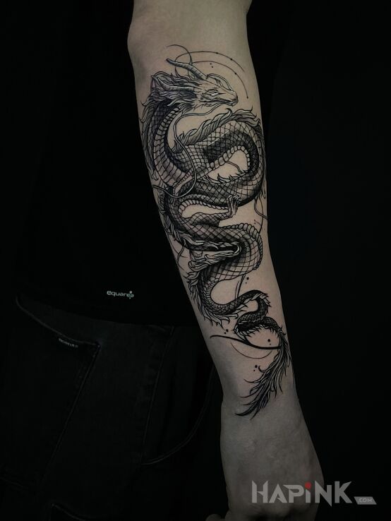 Tattoo Twisted Dragon in dragons motif and graphic / illustrative style on the forearm