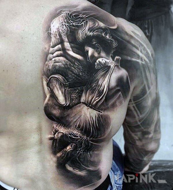 Tattoo Dziadek i tancerka in characters motif and realistic style on the shoulder blades