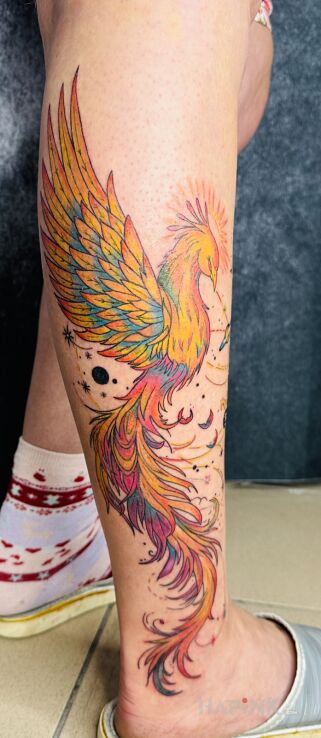 Tattoo Colorful Phoenix in animals motif and graphic / illustrative style on the leg