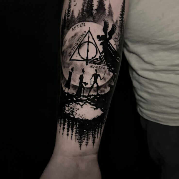 Tattoo Harry Potter Theme in dark motif and graphic / illustrative style on the forearm