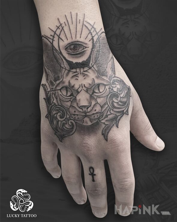 Tattoo Egyptian Sphinx Cat in animals motif and graphic / illustrative style on the hand