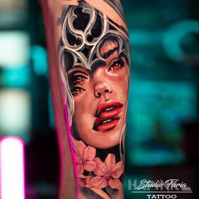 Tattoo Glitched Female Portrait on the calf motif: faces style: realistic
