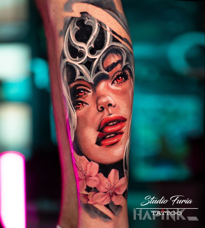 Tattoo Glitched Female Portrait in faces motif and surrealistic style on the calf