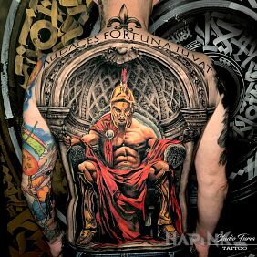 Tattoo Mighty Warrior on the Throne on the back motif: characters style: realistic