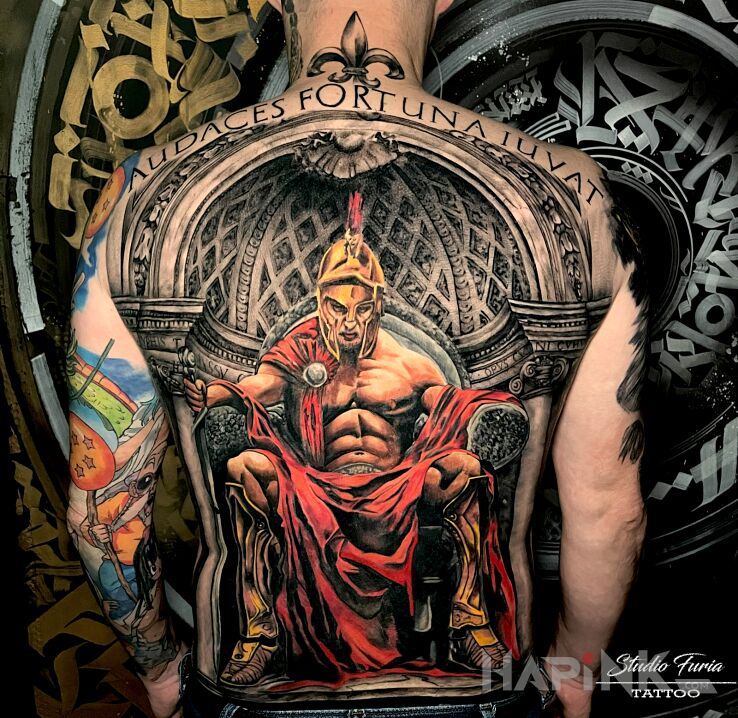 Tattoo Mighty Warrior on the Throne in characters motif and realistic style on the back