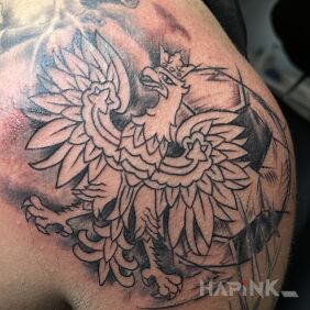 Tattoo Polish eagle with a crown on the shoulder motif: black and gray style: contour / linework
