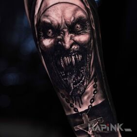 Tattoo Horror Nun On the arm motif: demons style: realistic