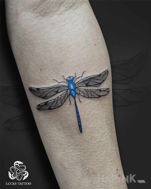 Tattoo Delicate dragonfly tattoo with blue accent in insects motif and realistic style On the arm