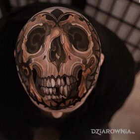 Tatuaż Czacha na bani nie armani na głowie motyw: anatomiczne styl: dotwork