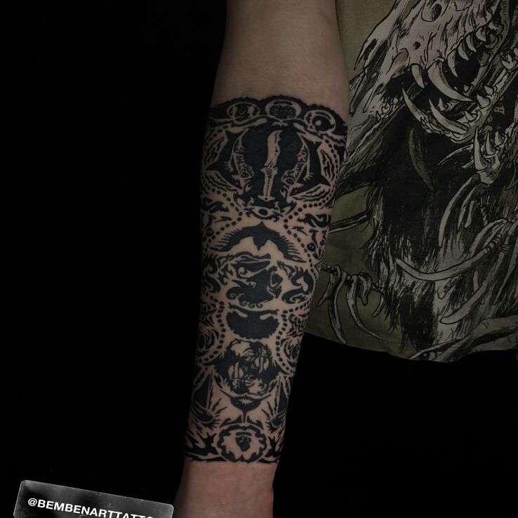 Tattoo Map from the game Far Cry in other motif and blackwork / blackout style on the forearm