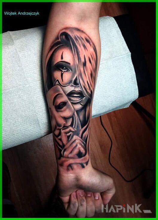 Tattoo Kolejny ;) in faces motif on the forearm