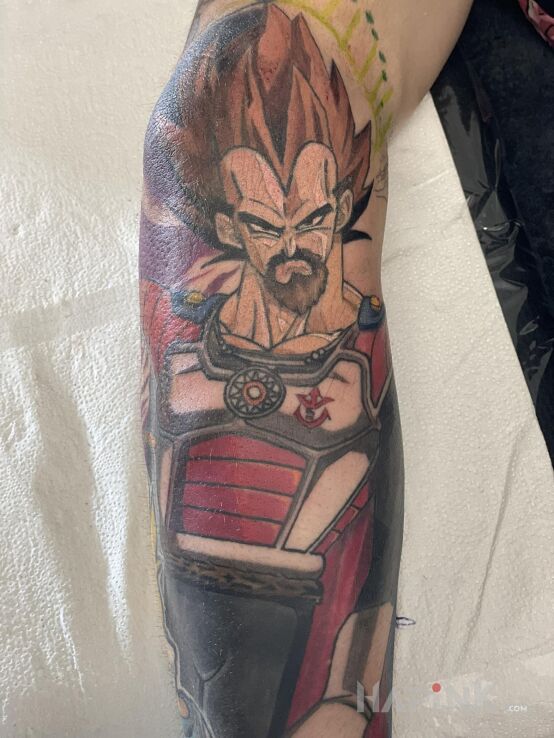 Tattoo King Vegeta (Father theme) in characters motif and cartoon / comic book style on the forearm