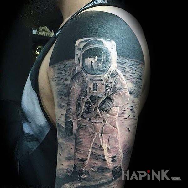 Tattoo Moonwalk in characters motif and realistic style on the upper arm