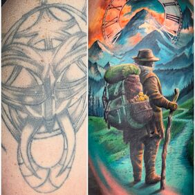 Tattoo New Direction in Life on the upper arm motif: characters style: realistic