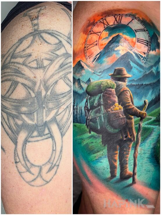 Tattoo New Direction in Life in characters motif and realistic style On the arm