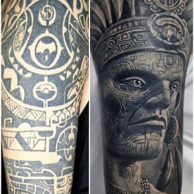 Tatuaż Aztecki klimat - portret wojownika na barku motyw: indiańskie styl: realistyczne