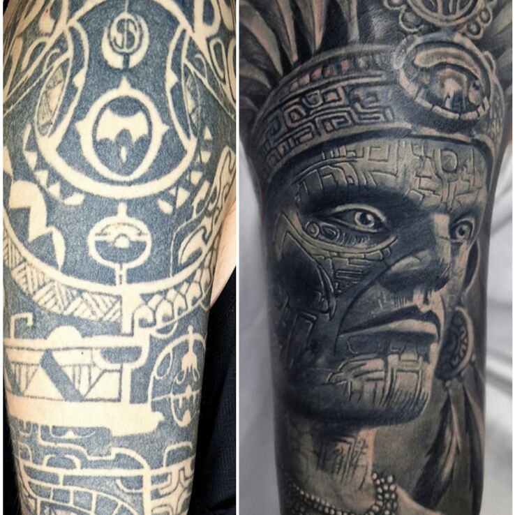 Tattoo Aztec vibe - warrior portrait in cover-up motif and realistic style On the arm