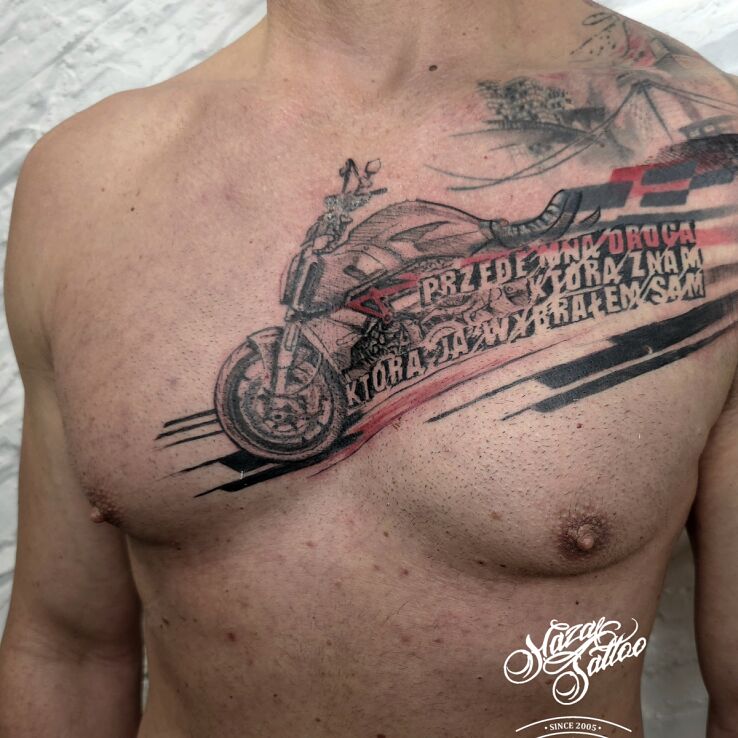 Tattoo Everything ahead of us, fulfill your dreams in lettering motif and trash polka style on the collarbone