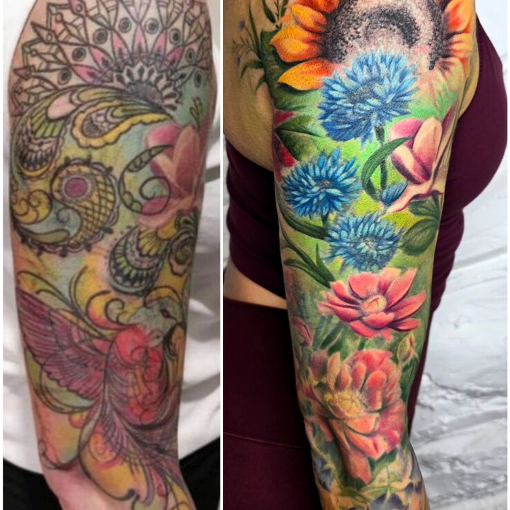 Tattoo Spring vibes - flowers and little flowers in cover-up motif and realistic style On the arm