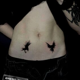 Tattoo Ravens on the belly on the stomach motif: animals style: blackwork / blackout